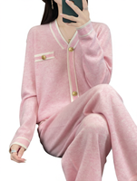 Ensemble de pull en cachemire rose pour femmes, cardigan à col en V avec boutons et pantalon large, tenue décontractée d'automne