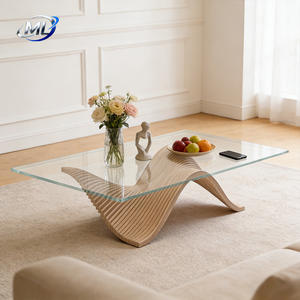 Mesa de Centro Moderna Estilo Farmhouse en Oferta, Mesa Cuadrada Grande con Tapa de Vidrio y Mármol, Base de Resina y Madera, Duradera para Interiores/Exteriores, Hotel, Hogar, Jardín - Product Image 5