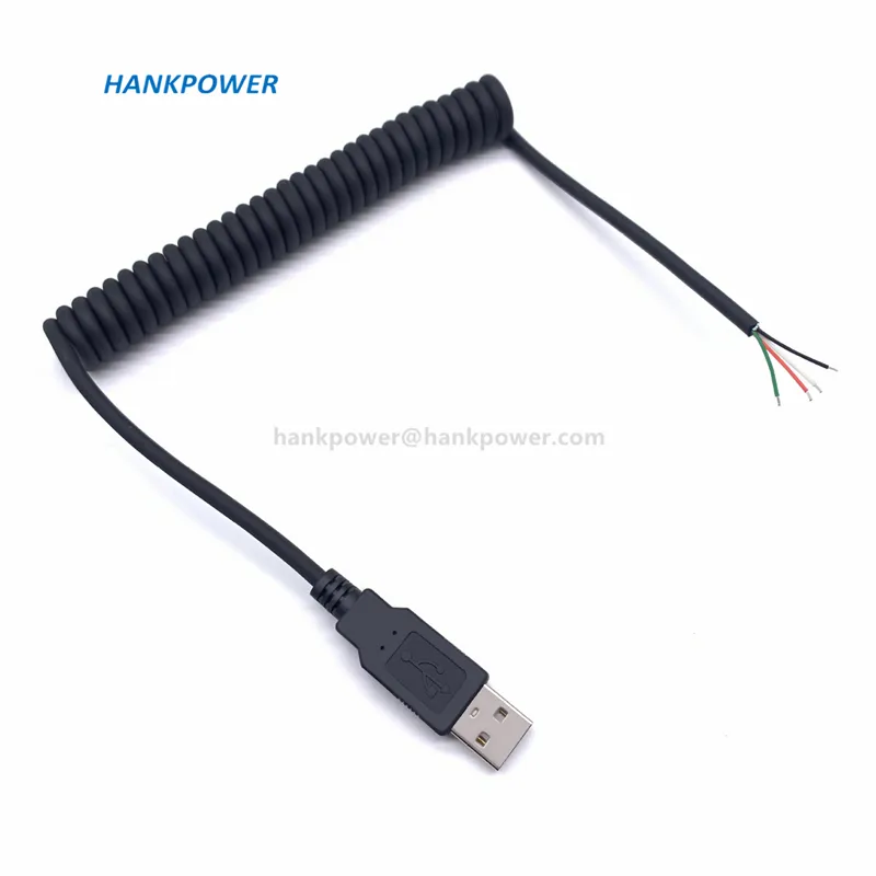 PU Spring 4 Core USB Charging Data Cable Spiral Coiled USB A Male To Bare End Cable With Tail Tin Plating