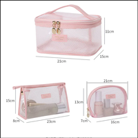 Emballage de toilette de voyage résistant à l'eau avec logo personnalisé Pochette cosmétique rose Sacs de maquillage en maille PVC transparent