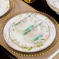 Service de Table de Luxe en Porcelaine Fine avec Bordure Vert Teal, Motif Floral et Oiseaux, Soupière Cygne, Design Moderne pour Mariage et Usage Domestique (pour 10+ personnes)