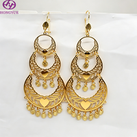 Anting-anting liontin berlapis emas 24K dengan desain hati, berumbai, berlapis-lapis, panjang, besar, bergaya Dubai untuk pengantin wanita.
