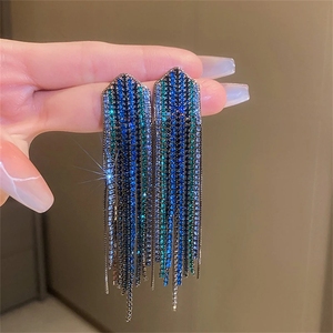 Xina-pendientes largos con borlas para mujer, aretes colgantes con diamantes de imitación azules y negros, accesorios de joyería - Product Image 1
