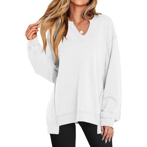 FOXA Women's Oversized Sweatshirt Long Sleeve V Neck Loose Pullover Tunic <b>Top</b> Asymmetric Drop Shoulder Cotton Blend Knitted - Product Image 1