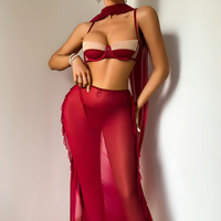 Lencería Sexy de Alta Calidad, Conjunto de Sujetador con Aros, Tanga y Falda Larga de Malla Transparente Roja, Venta al Por Mayor, OEM, Marca Privada, Nueva Moda