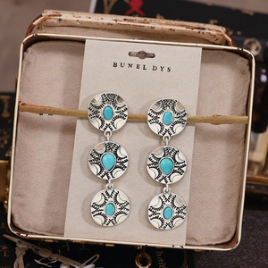 Vente en gros Western Cowboy Retro Turquoise Ethnique Exagéré Alliage Boucles d'Oreilles Pendantes Femmes Trois Concho Design Complexe Turquoise - Product Image 3