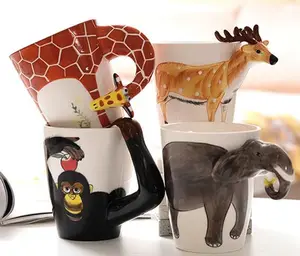 全新设计创意陶瓷杯，咖啡奶普洱茶杯3D动物造型手绘动物长颈鹿牛猴杯礼品