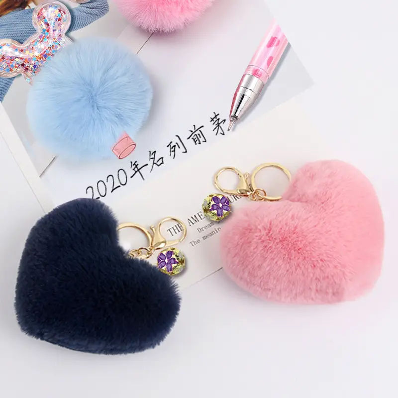 Solid Heart-shape Soft Comfortable Fur Puff Rabbit Fox Keyholder Fluffy Furry Fuzz Custom Faux Ball Shape Pom Key-chain