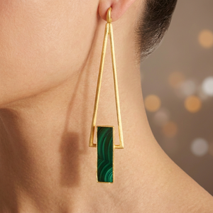 Boucles d'oreilles pendantes tendance pour femmes, en laiton plaqué or, avec pierre précieuse en malachite - Product Image 3