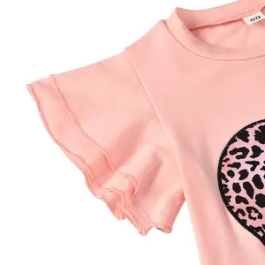 2024 Mother's Day Girls T-shirt Pants Clothing Sets Fashionable Love Leopard Printed Flared Trousers Children's Clothing Sets