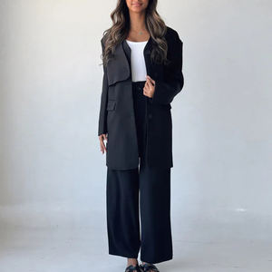 طقم نسائي أسود من قطعتين: سترة محبوكة بدون أكمام وسترة طويلة، ملابس مكتبية عملية ومريحة - Product Image 2