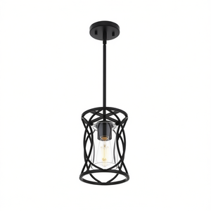 Modern 1-Light Industrial Pendant Light Black Metal <b>Cage</b> Clear <b>Glass</b> Shade For Dining Room Indoor Lighting - Product Image 1