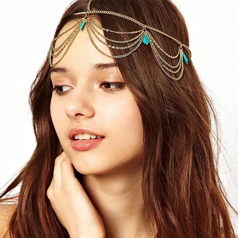 Mode Schlussverkauf Metall-Zange-Kopfkette Türkis-Steppbogen Schmuck Haarzubehör Kopfband Kette Schmuck Bohème