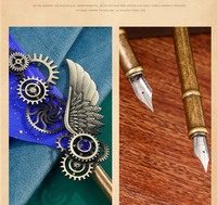 LISI Set de stylos de calligraphie vintage à encre trempée avec tige en cuivre Stylo plume d'écriture de Noël Marqueurs d'art d'anniversaire Coffret cadeau