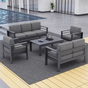 Ensemble de canapés de jardin en métal gris moderne de luxe Kingmake, 4 pièces, meubles d'extérieur en aluminium avec coussins - Product Image 3