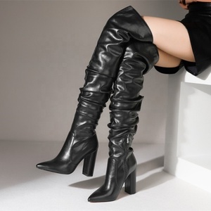 Big Size Winter Women Over Knee Boots Pleated Design Fashion High Chunky <b>Heel</b> Thigh High Boots Sexy Pointy Toe - Product Image 4