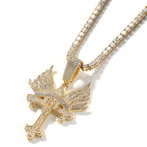 Bijoux de rappeur hip-hop Born 2 Chaos, pendentif en zircon glacé, pendentif en forme de crâne, croix <span class=keywords><strong>celtique</strong></span>, collier avec ailes d'ange - Product Image 3