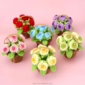 Desktop Home Decoration Roses Potted <b>Small</b> Knitted Flower <b>Basket</b> Handmade Crochet Rose <b>Basket</b> - Product Image 1