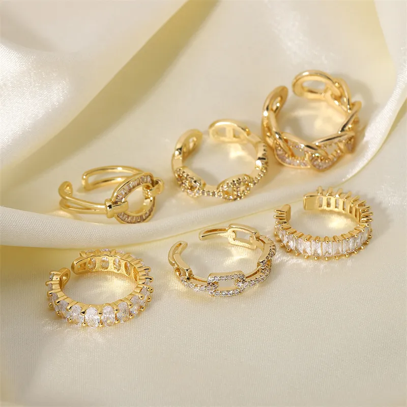 Cincin zirkonium bertatahkan tembaga berlapis emas 18K, cincin zirkon geometris perhiasan mode baru ukuran dapat diatur