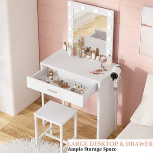 Pequeño <span class=keywords><strong>Tocador</strong></span> de Maquillaje con Espejo y Luces, Escritorio de Maquillaje Blanco con Silla, Juego de Mesa de Maquillaje para Dormitorio de <span class=keywords><strong>Niñas</strong></span> - Product Image 2