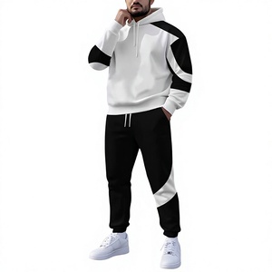 Men's <b>White</b> Black Color Blocking Hoodie <b>Jogger</b> Set Casual Autumn Wear Knitted Cotton Sweatshirt Pants Outfit - Product Image 3