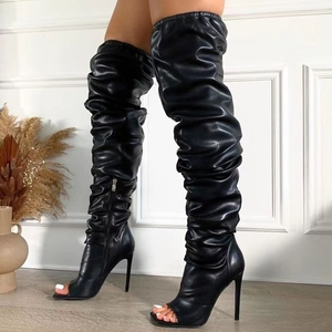 Bottes plissées tendance pour femme, à bout carré ouvert, avec fermeture éclair latérale, talon fin et haut, montantes au-dessus du genou, grande taille 43 - Product Image 2