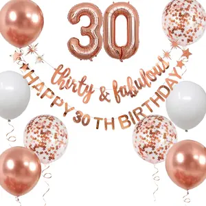 Rose Gold สุขสันต์วันเกิด 30th 40th 50th 60th 70th แบนเนอร์พวงมาลัยฟอยล์บอลลูนสตรี 30th ตกแต่งวันเกิด