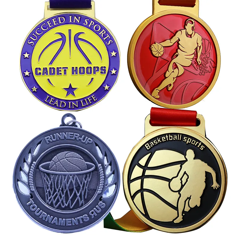 Üretici toptan özel Metal spor madalyaları yarış ödülü Basketballs madalya ve şerit fotoğrafları ile kupa
