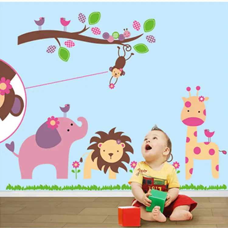Cartoon Animals Wall Stickers DIY Lion Tiger Monkey Mural Decals for Kids Room Baby Bedroom Home Decoration