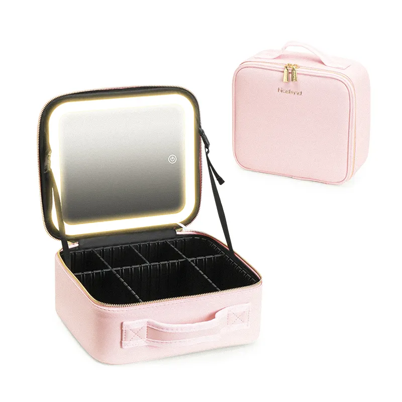 Reizen Grote Capaciteit Functiescherm Met Spiegel Led Fill Licht Draagbare Organizer Pu Make-Up Case Brush Box Opbergdoos