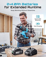 Marteau perforateur rotatif sans fil SDS-Plus MARS 1 pouce, énergie d'impact 2,8 J, moteur sans balais, embrayage de sécurité 4 modes, 2 x 4,0 Ah