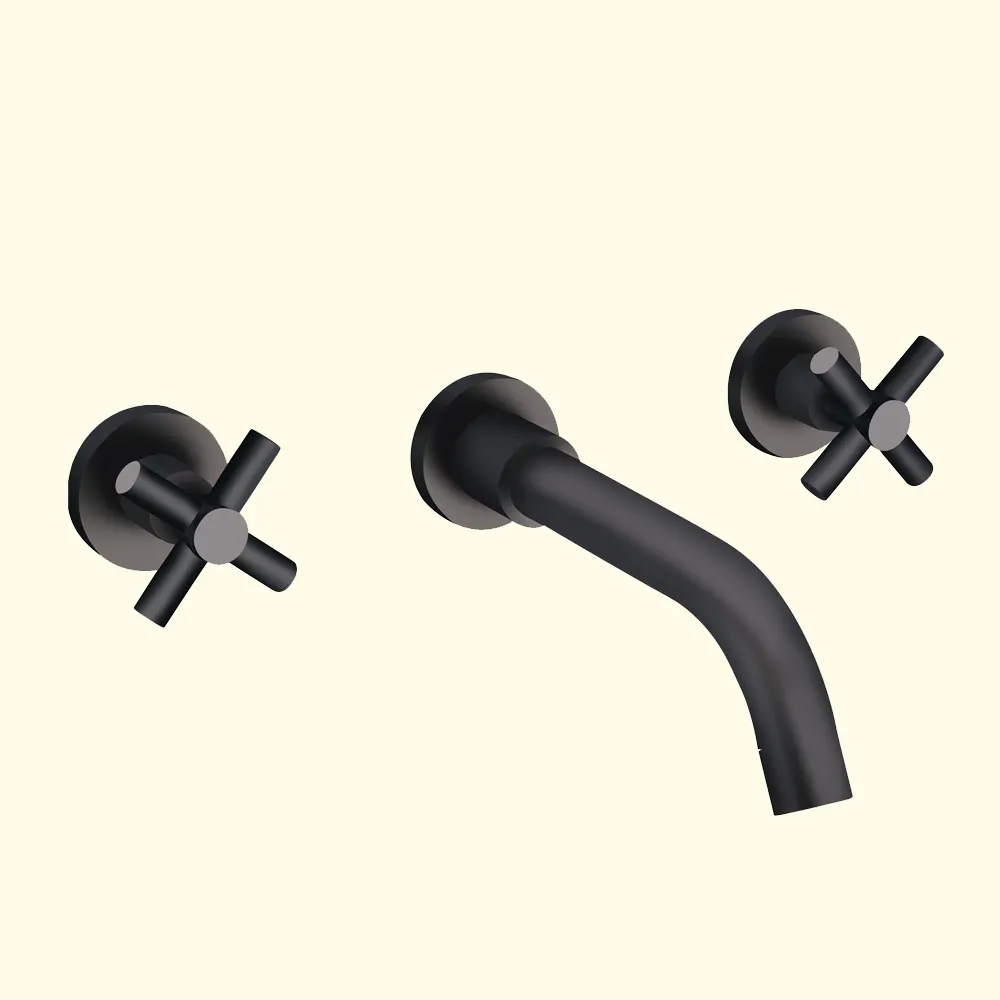 Double Handles Wall Mounted Black Brass Bathroom Faucet