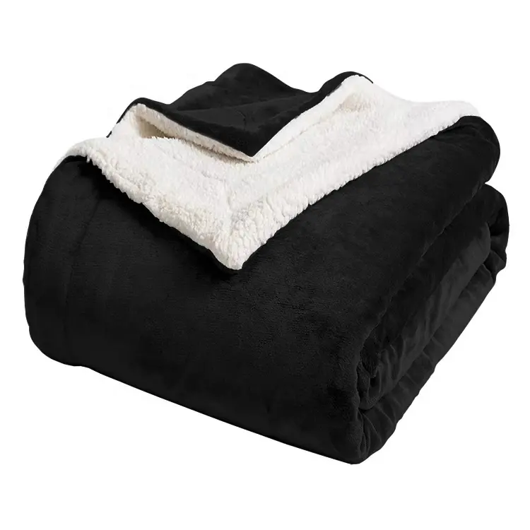 Manta de lana de sherpa de punto, doble capa, de felpa, personalizada, color negro, sólido, para invierno