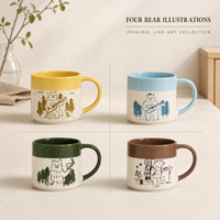 Tasse à café en céramique empilable bicolore personnalisée, motif ours de la forêt en line art, avec base étagée, pour la maison, le bureau et le camping