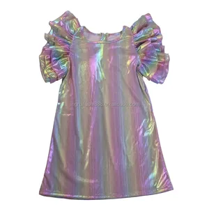 Customized OEM Mardi Gras Theme Colorful Glitter Print Kids Long Flutter Sleeve Dress Baby Girls Boutique Shimmer Dresses