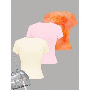 T-shirt décontracté à fleurs pour femme FOXA, manches courtes, col rond, coupe ajustée, haut d'été respirant en polyester tricoté, imprimé par sublimation - Product Image 3