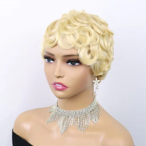 Perruques courtes bouclées blondes 613 pour femmes noires, 100% <span class=keywords><strong>cheveux</strong></span> humains, <span class=keywords><strong>coiffure</strong></span> ondulée courte, perruque bob sans colle <span class=keywords><strong>avec</strong></span> <span class=keywords><strong>frange</strong></span> - Product Image 1
