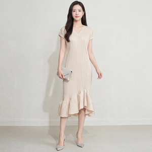 PY 2026 Novedades Vestido Casual Ecológico Plisado para Mujer, Moda con Cuello Redondo, Texturizado, Elegante, con Volantes, Largo hasta la Rodilla, Cintura Natural - Product Image 3
