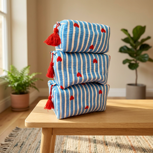 Blue Heart Vintage Style Lightweight Waterproof Lining Cosmetic Bags Set 3 Medium Size Zipper Closure Bead Tassel Trim - Product Image 1