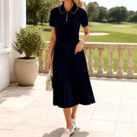 Robe Midi Femme Bleu Marine Col Polo Jupe Plissée Maille Côtelée Manche Courte Bord Contrasté Bureau OEM ODM Grossiste Usine B2B