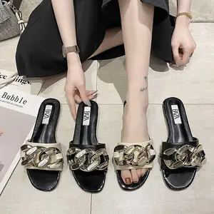 Koreaanse Nieuwste Zomer Metalen Oautersole Vrouwen Pu Leather Slide Slippers Gouden Ketting Platte Schoenen Voeg Mijn Logo Naam Op Womens sandalen
