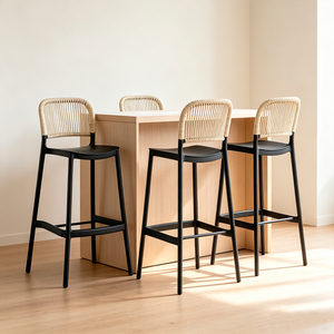 Taburete de Bar Negro Moderno con Respaldo de Ratán, Silla de Bar de Plástico, Diseño Minimalista, Muebles para el Hogar - Product Image 4