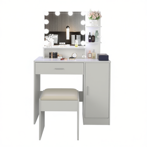 FCH Tocador de Maquillaje Moderno con Espejo LED, 1 Cajón, 1 Armario y Taburete Acolchado para Dormitorio de Mujer - Product Image 1