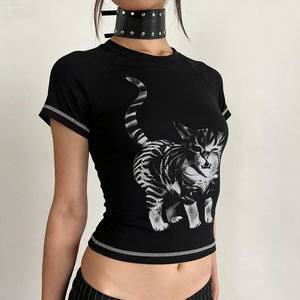 Camiseta de Manga Corta con Estampado de Gato, Estilo Retro Y2K, Hombros Rectos, Color de Contraste, Sexy y a la Moda - Product Image 4