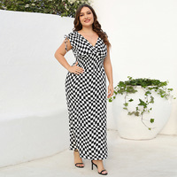 Nouvelle robe à col en V à carreaux noir et blanc robe pour femmes avec de grandes robes décontractées Swing