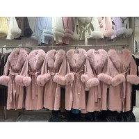 Manteau en cachemire et fourrure de renard RXFurs pour femme, avec col et poignets en fourrure moelleuse, ceinture intégrée, haute qualité, vente en gros pour l'hiver