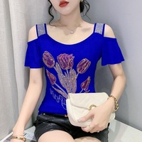 Blusa para Mujer con Estampado Floral de Rosas, Estrás y Lentejuelas Brillantes, Estilo Rockero para Discoteca, Camiseta de Manga Corta para Fiesta