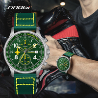 Montre Chronographe d'Aviation Tendance Homme, Bracelet en Cuir Vert, Aiguille Avion Lumineuse, Montre à Quartz avec Guichet de Date