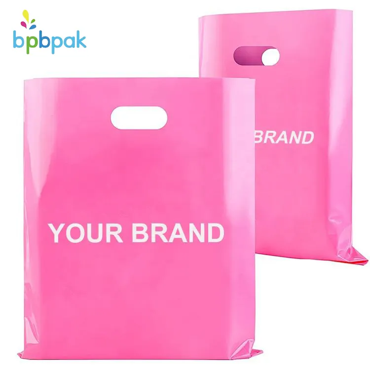 Logotipo personalizado Pink Shop Boutique Regalos Bolsa con asa troquelada, tamaños de almacenamiento Bolsa de transporte reutilizable Bolsa de compras de plástico plegable