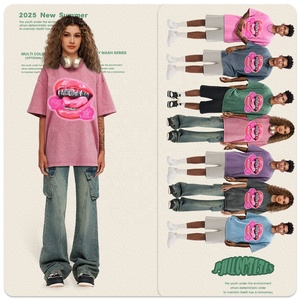 T-shirt Vintage Hip-hop Europeo-Americano <span class=keywords><strong>con</strong></span> Stampa Cartoon a Bocca Grande, Lavaggio Effetto Usurato, in Cotone Pettinato, Vestibilità Ampia, Manica Corta - Product Image 2